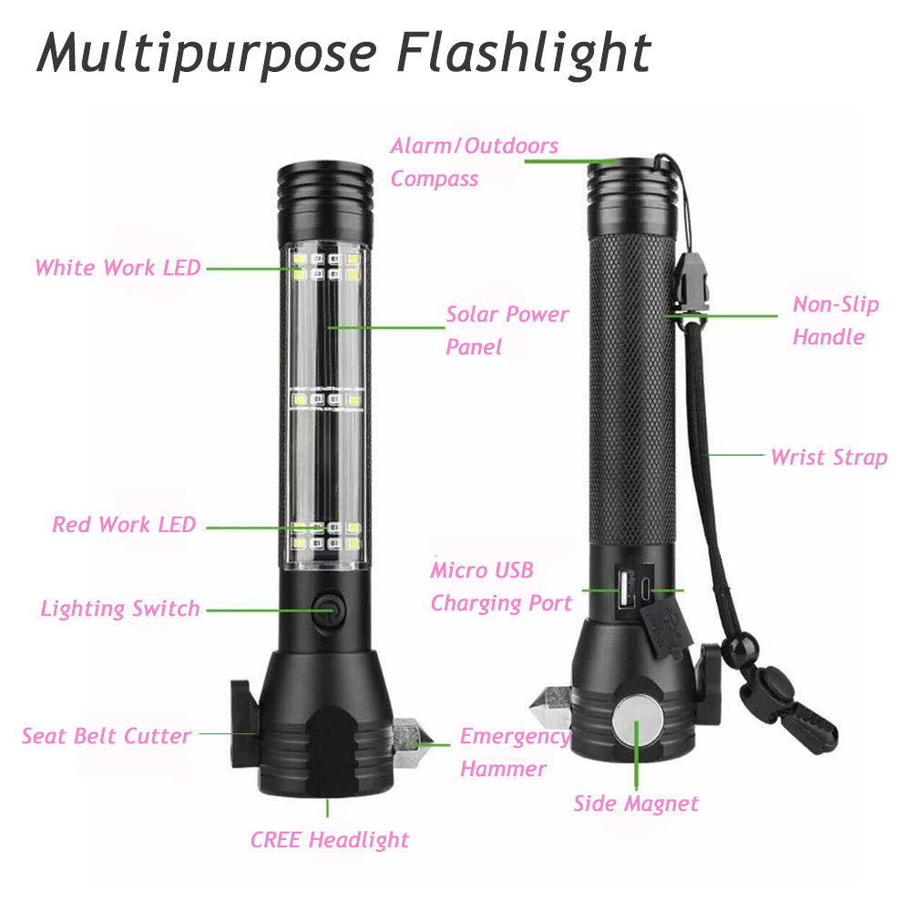 Recharging USB Solar LED Flashlight. Safety Hammer. Power Bank. Outdoors Compass. (WHITE BOX)