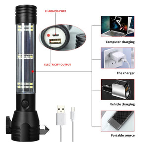 Recharging USB Solar LED Flashlight. Safety Hammer. Power Bank. Outdoors Compass. (GIFT BOX)