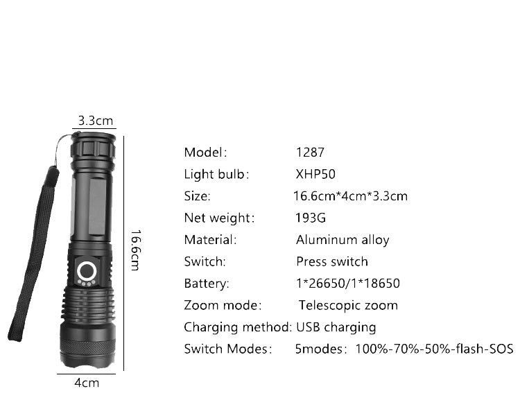 Powerful Flashlight XLamp XHP50 Rechargeable USB. 1*26650