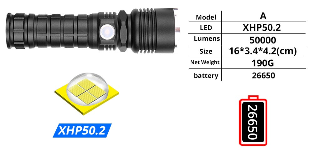 Powerful Flashlight XLamp XHP50 Rechargeable USB. Reforced Head. 1*26650
