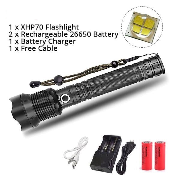 Powerful Flashlight XLamp XHP70 Rechargeable USB. 2*26650