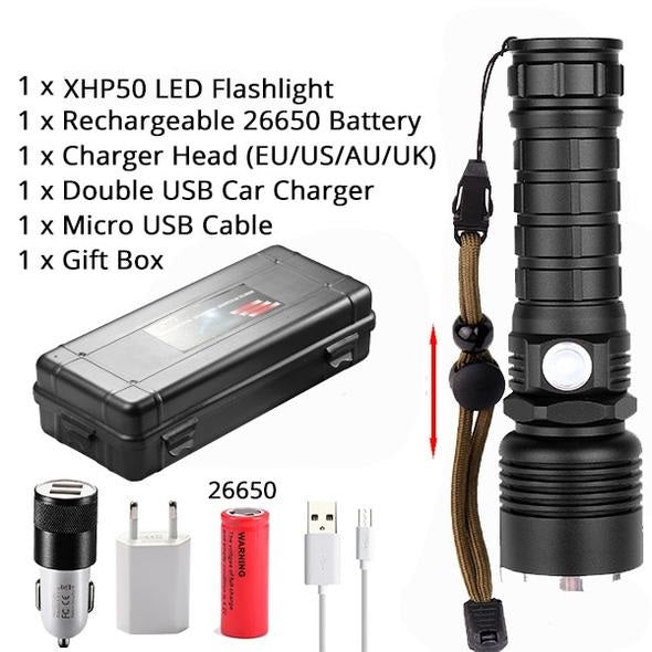 Powerful Flashlight XLamp XHP50 Rechargeable USB. Reforced Head. 1*26650