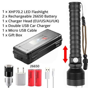 Powerful Flashlight XLamp XHP70.2 Rechargeable USB. Reforced Head. 2*26650