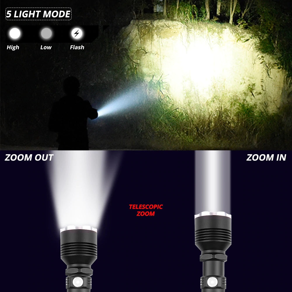 Powerful Flashlight XLamp XHP70.2 Rechargeable USB. Reforced Head. 2*26650