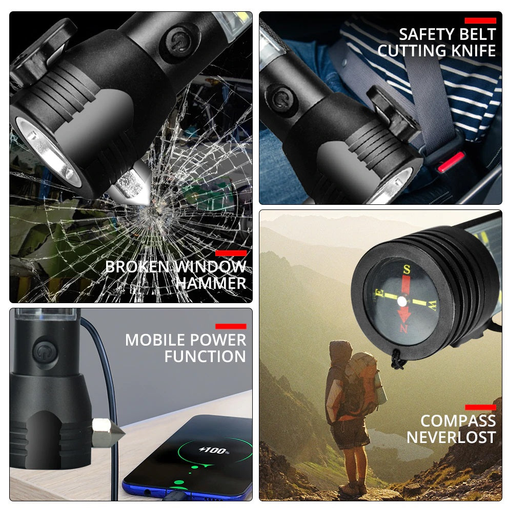 Recharging USB Solar LED Flashlight. Safety Hammer. Power Bank. Outdoors Compass. (GIFT BOX)