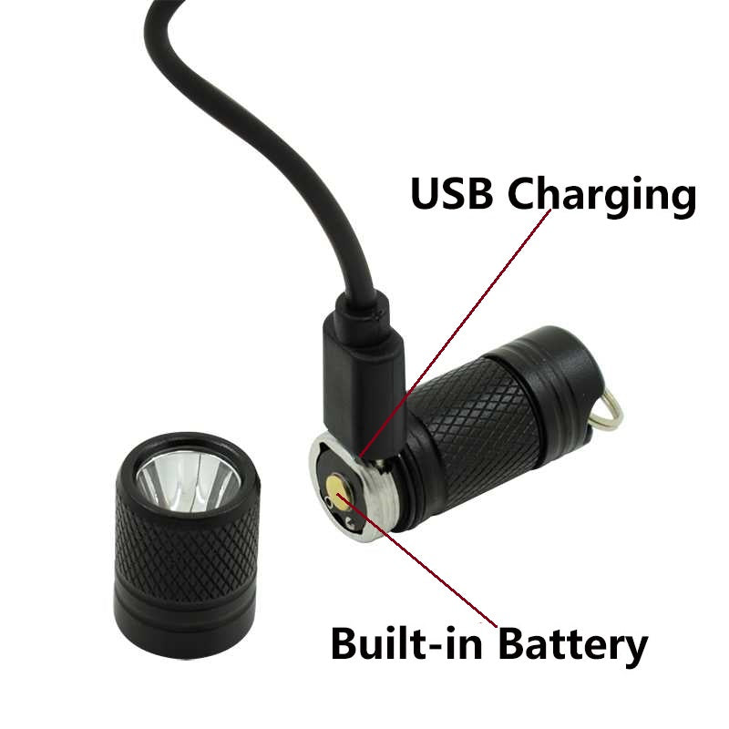 Pocket Mini LED Flashlight USB Rechargeable Waterproof Keychain. Black Model