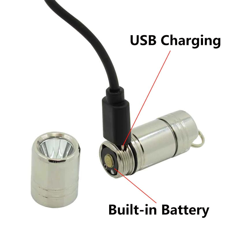 Pocket Mini LED Flashlight USB Rechargeable Waterproof Keychain. Silver Model