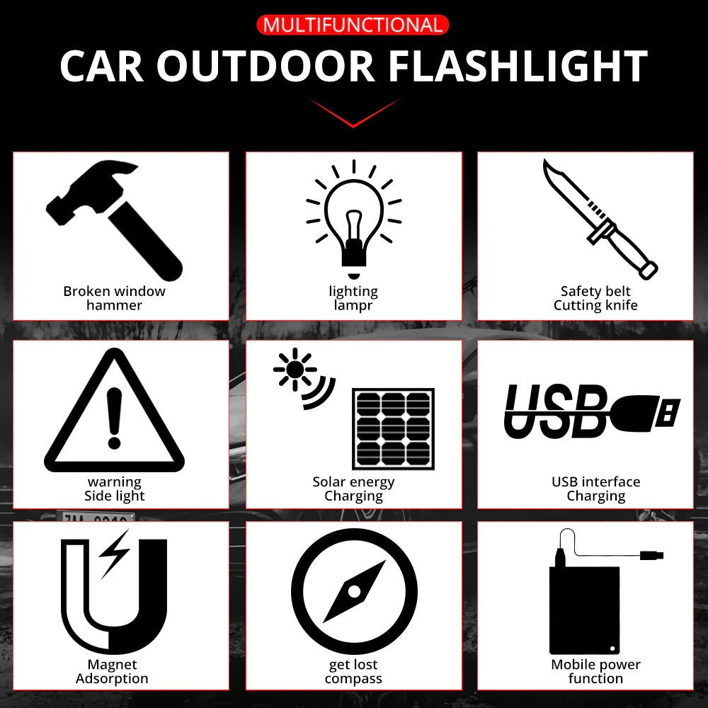 Recharging USB Solar LED Flashlight. Safety Hammer. Power Bank. Outdoors Compass. (WHITE BOX)