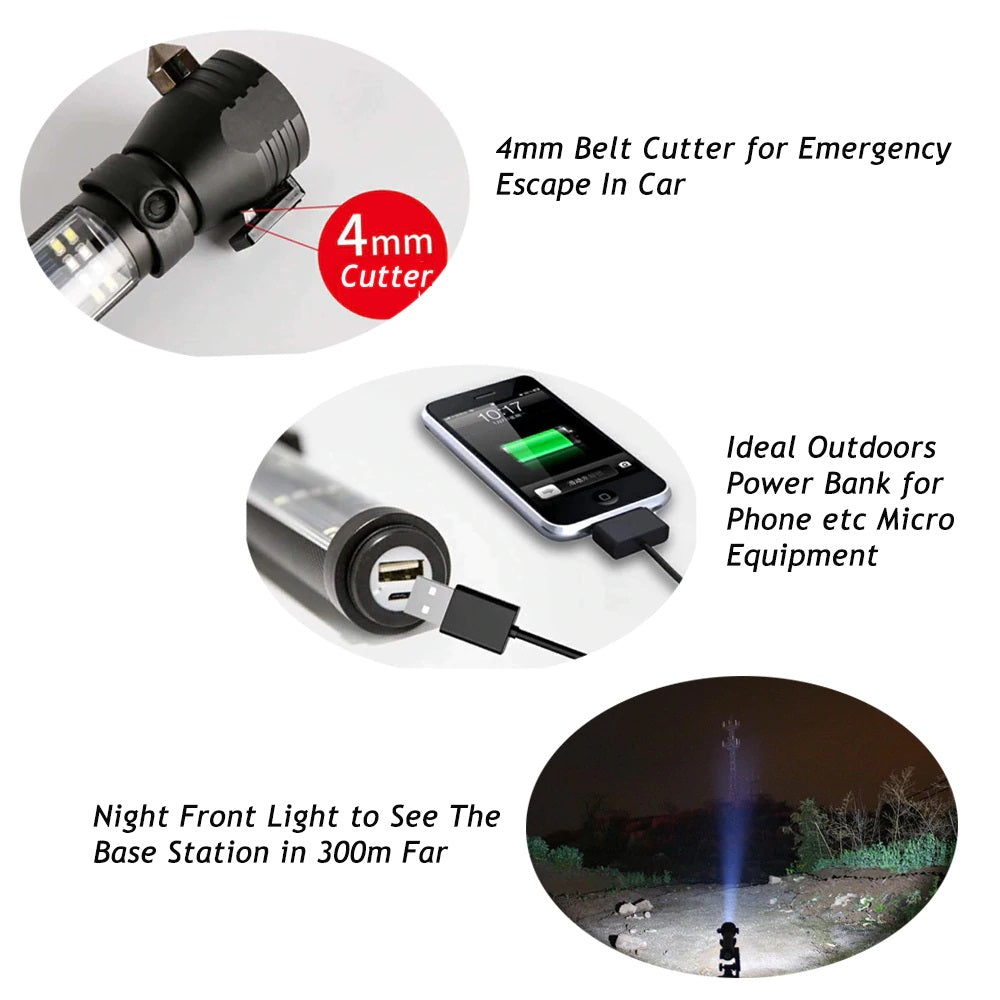 Recharging USB Solar LED Flashlight. Safety Hammer. Power Bank. Outdoors Compass. (WHITE BOX)