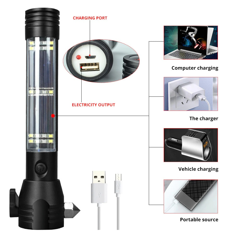 Recharging USB Solar LED Flashlight. Safety Hammer. Power Bank. Outdoors Compass. (WHITE BOX)