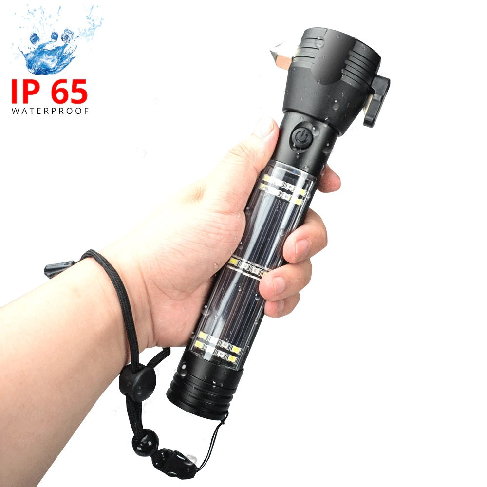 Recharging USB Solar LED Flashlight. Safety Hammer. Power Bank. Outdoors Compass. (WHITE BOX)