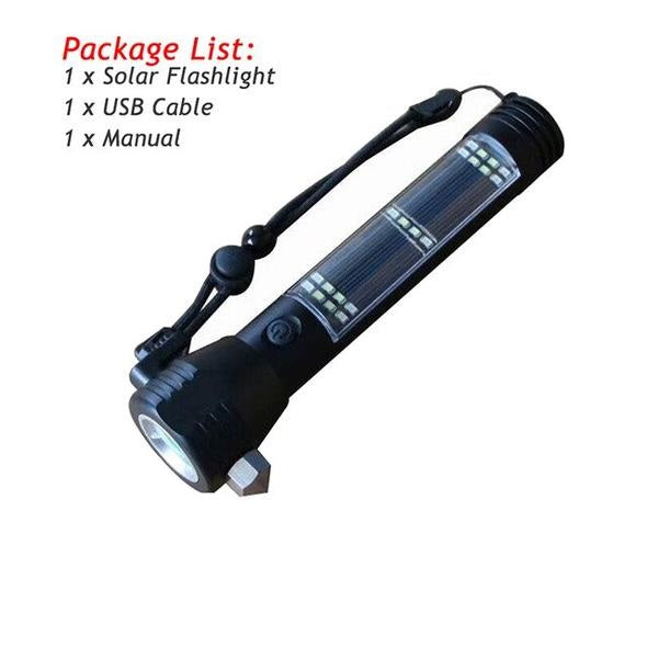 Recharging USB Solar LED Flashlight. Safety Hammer. Power Bank. Outdoors Compass. (WHITE BOX)