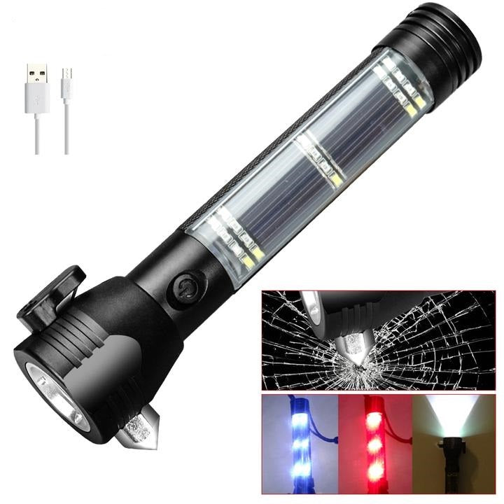 Recharging USB Solar LED Flashlight. Safety Hammer. Power Bank. Outdoors Compass. (WHITE BOX)