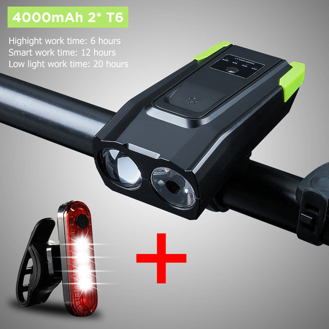 Bicycle Front Light Set Waterproof. USB Rechargeable 4000mAh With Horn. Rear Light Included